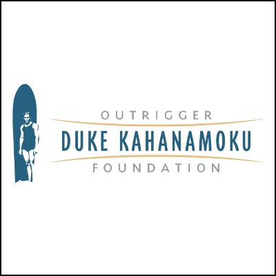 Outrigger Duke Kahanamoku Foundation logo Man standing infront of a surfboard with the name of the foundation to the right. 