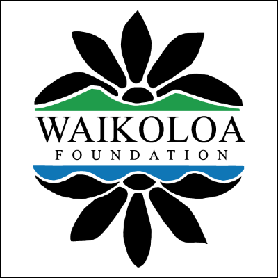 Waikoloa Foundation Logo Two half flowers in black on half on the top an half on the bottom with the name of the foundation between green mountains and blue water
