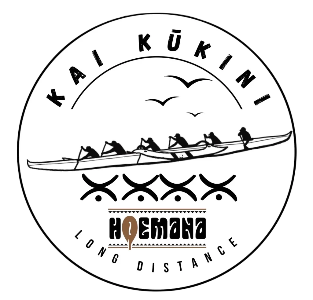 Kai Kukini Medal Image logo. round medal with a 6 man outrigger canoe on the water. all in black and white
